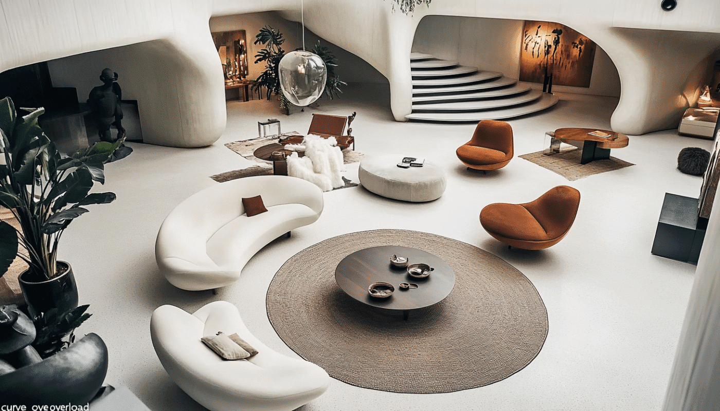 White curved sofas on large round jute rug in modern living room with sculptural design