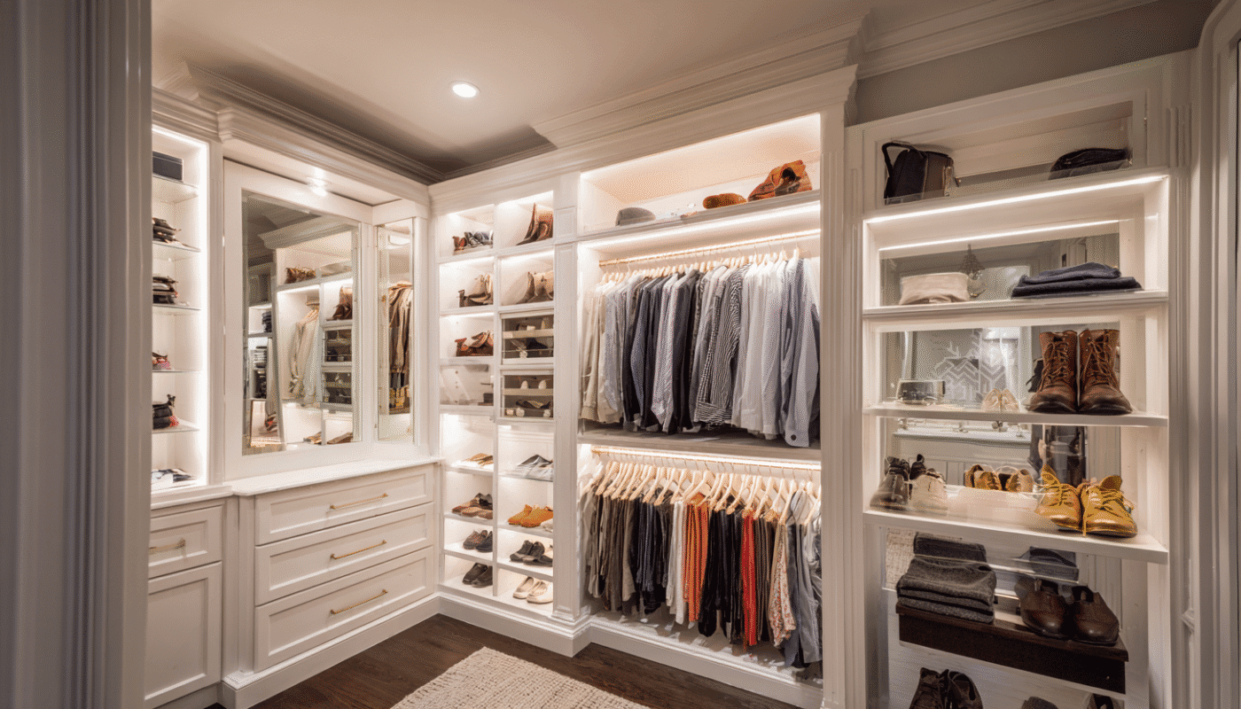 Elegant wardrobe design with organized shelves, hanging space, and shoe storage.