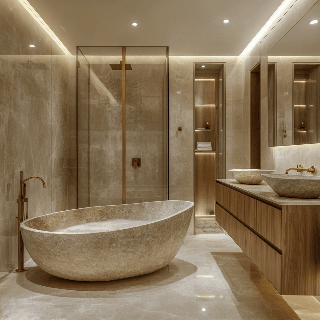 Luxury bathroom with stone bathtub, double basins, wood vanity, and warm ambient lighting for a Lagos or Abuja luxury home.