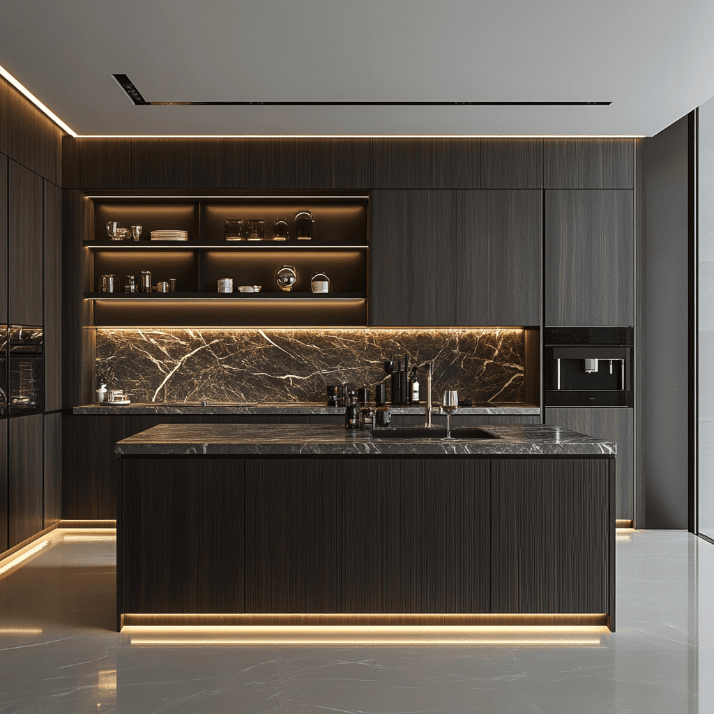 Dark wood kitchen with marble backsplash, under cabinet lighting, and central island for a Lagos or Abuja luxury home.