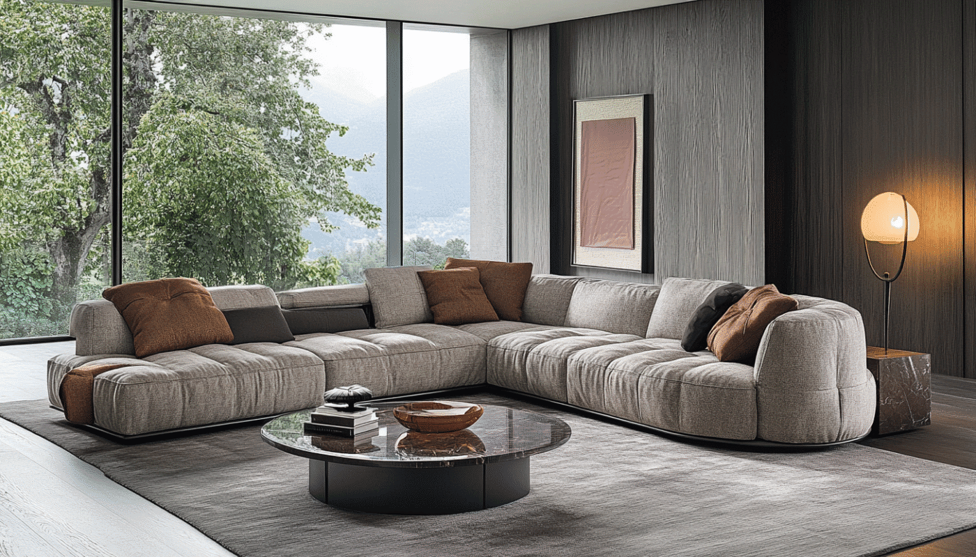 "Luxury corner sofa in a modern living room with a round marble coffee table.