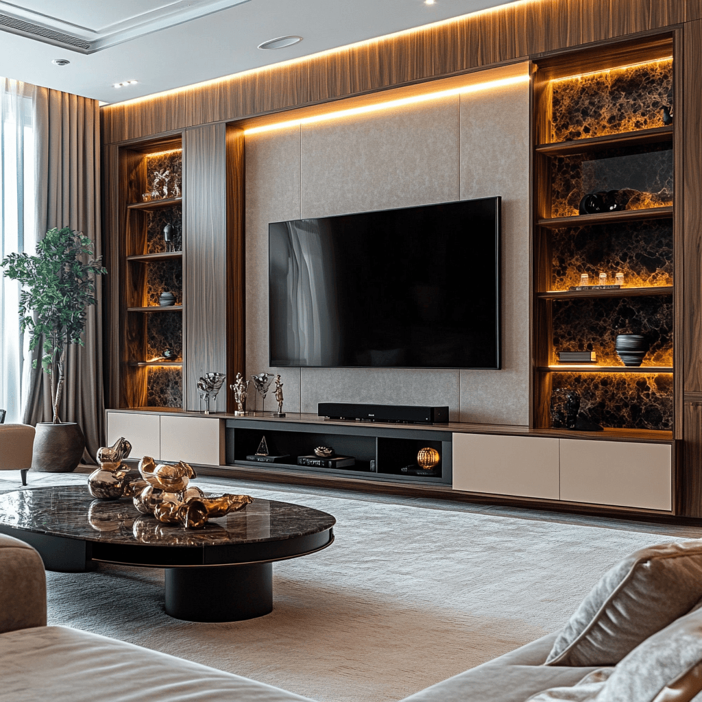 Modern TV wall unit with marble shelves, LED lighting, and wood panelling for a Lagos or Abuja luxury home.