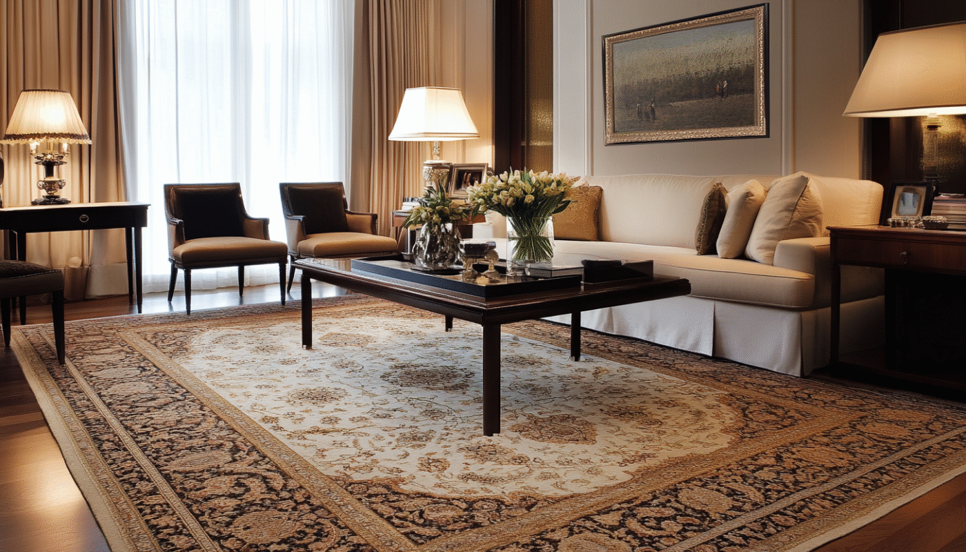 Hand knotted Persian rug with beige and brown patterns in a classic living room.