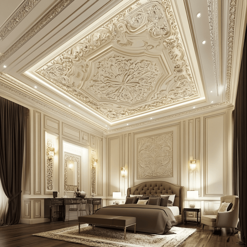 Luxurious bedroom with detailed ceiling moldings and feature wall design for a Lagos or Abuja luxury home.