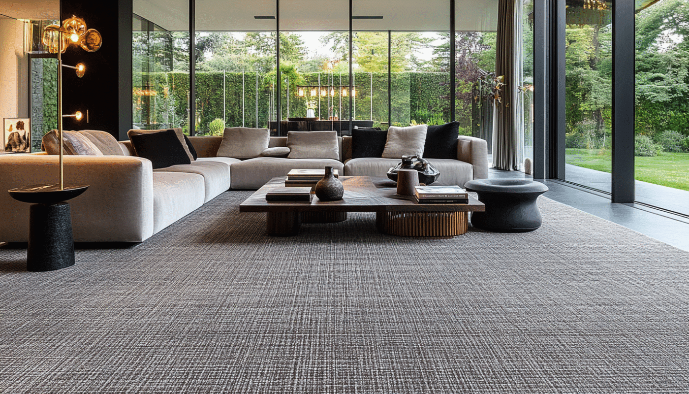 Contemporary living room with textured rug and neutral sofas overlooking garden view.