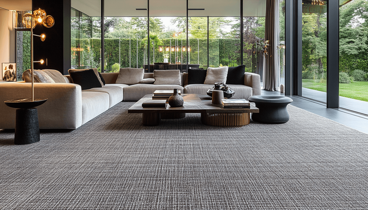 Contemporary living room with textured rug and neutral sofas overlooking garden view for a Lagos or Abuja luxury home.