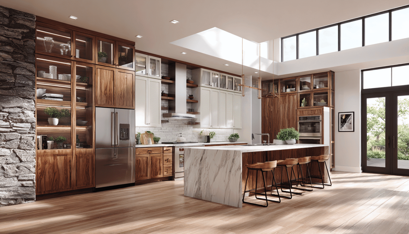 Close-up of luxury kitchen cabinet doors showcasing elegant design and materials.