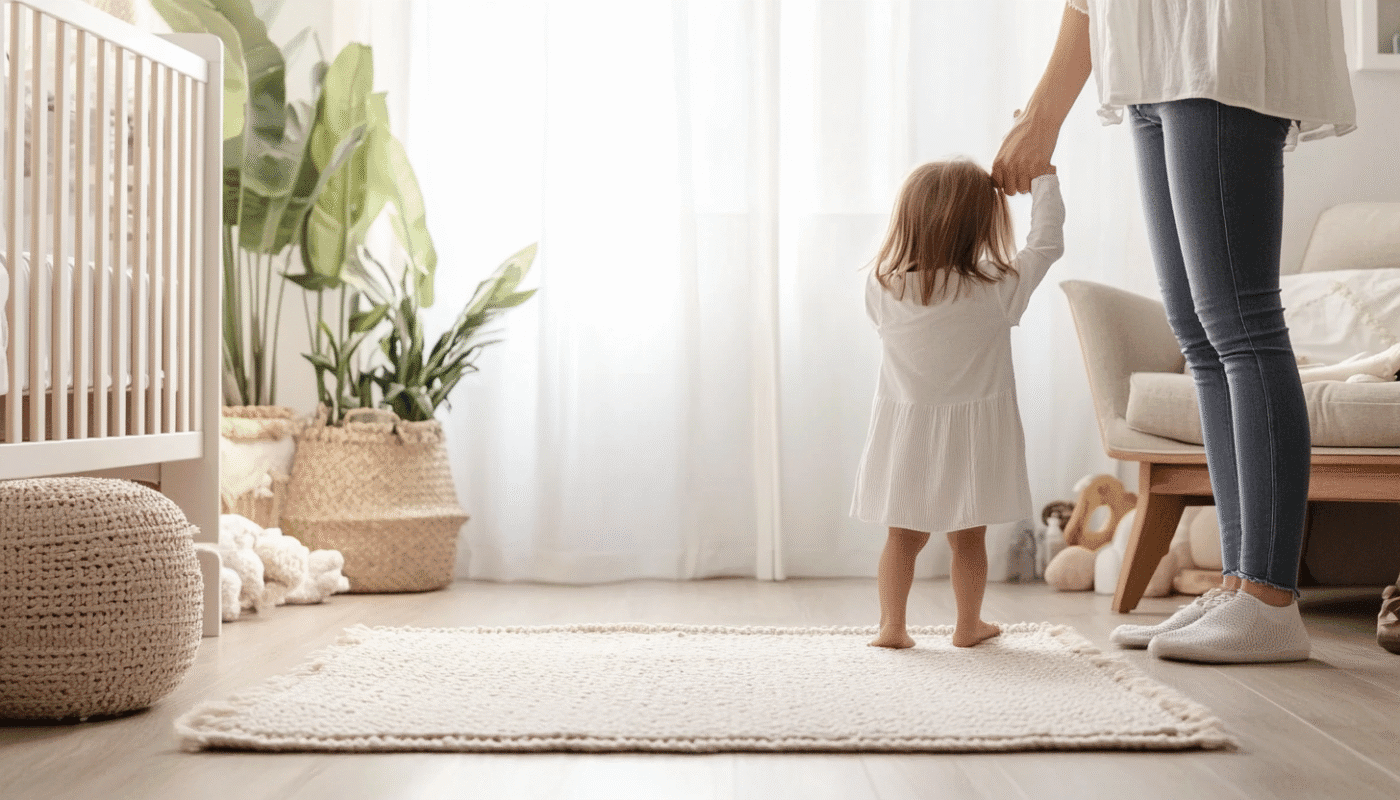 oft nursery rug with baby girl and organic materials for nursery