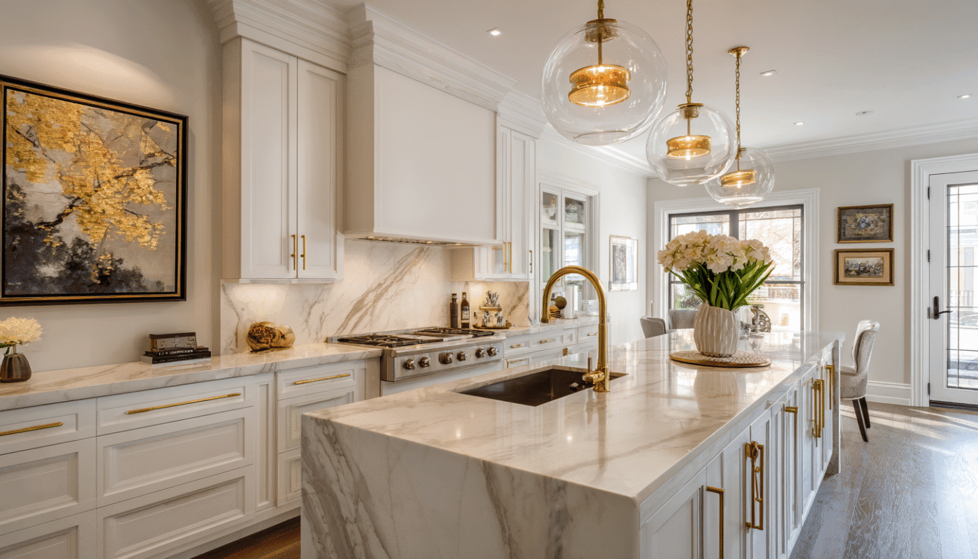 Fusion of classic and contemporary kitchen renovations with marble and gold accents.