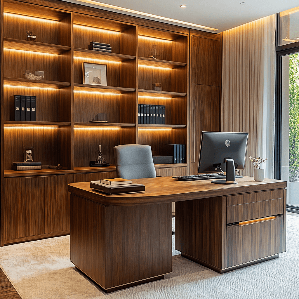 Luxury office with walnut wood joinery, modern desk, and illuminated shelving for a Lagos or Abuja luxury home.