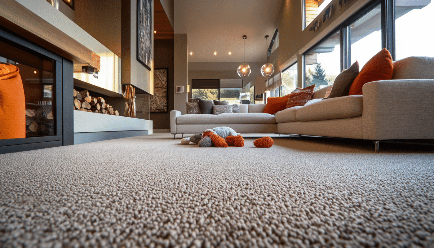 Soft beige carpet with modern living room featuring orange cushions and plush rug accents.