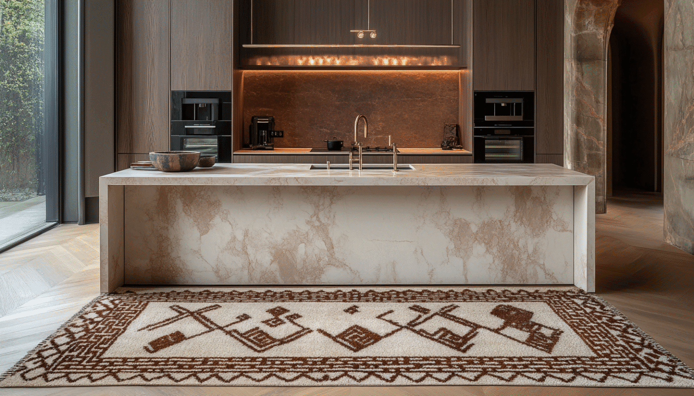 Brown and cream geometric kitchen rug with marble island and dark wood cabinets.