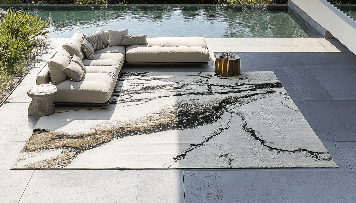 Large outdoor rug with beige sectional sofa by pool in modern patio area for a Lagos or Abuja luxury home.