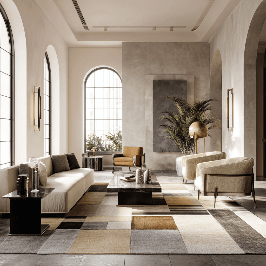 Modern living room with sofa, armchairs, coffee table, and a patterned rug for a Lagos or Abuja luxury home.