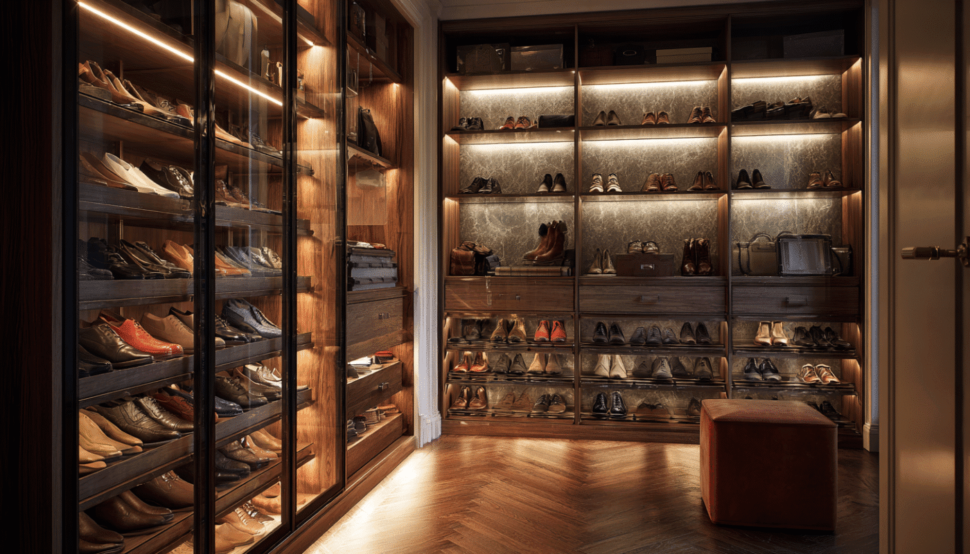 Creative and space-efficient wardrobe storage ideas for luxurious bedrooms.