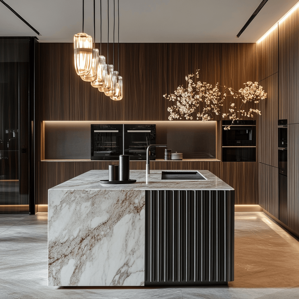Luxury kitchen with marble island, wood panel cabinets, integrated ovens, and pendant lighting for a Lagos or Abuja luxury home.
