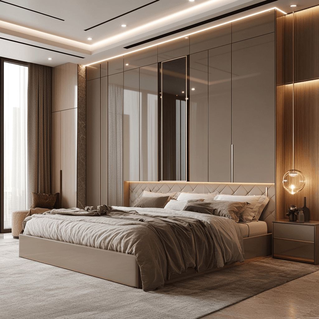 Modern bedroom with beige upholstered bed, custom wardrobes, and ambient lighting for a Lagos or Abuja luxury home.