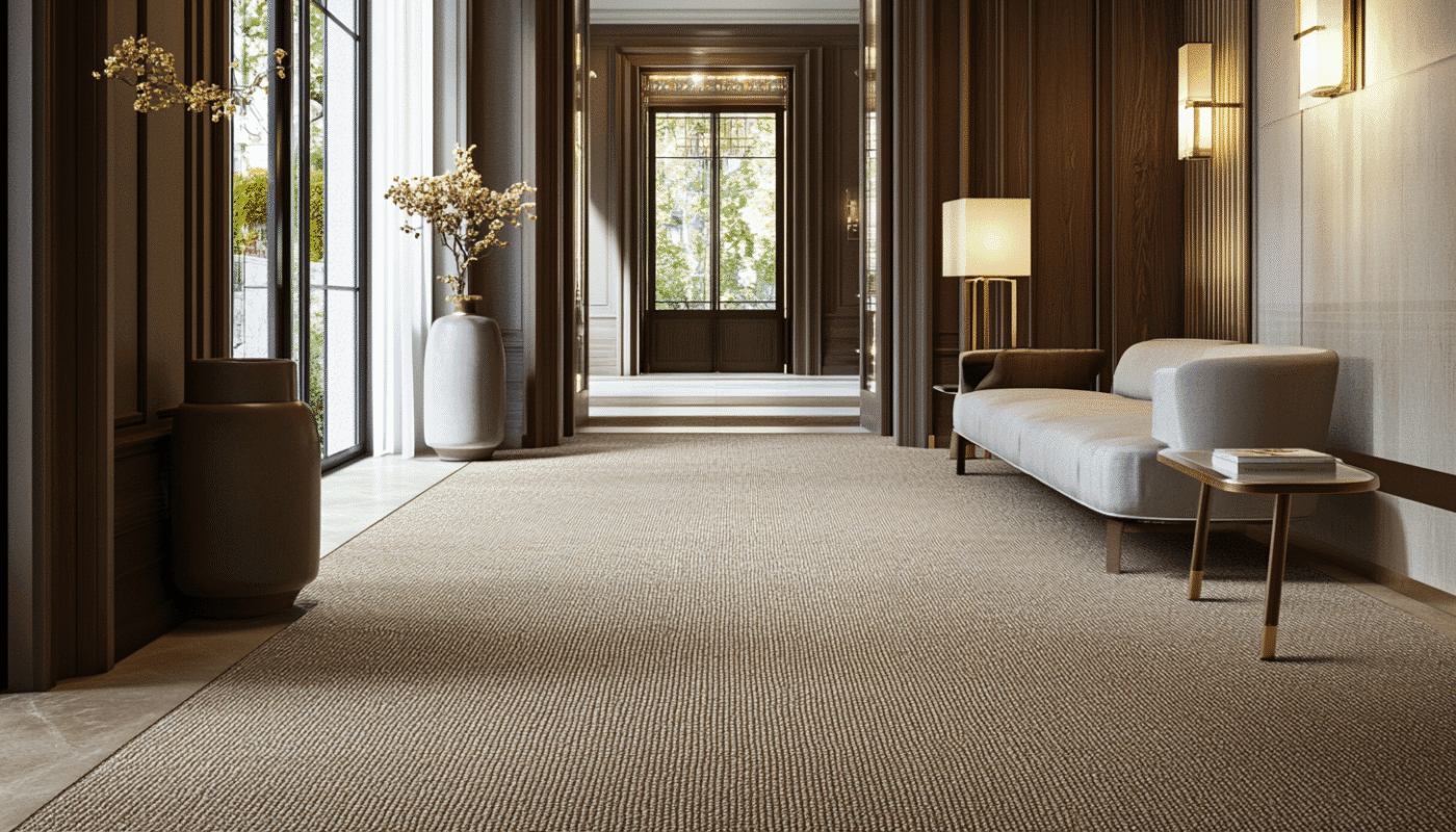 Luxurious hallway carpet with textured weave and sophisticated wooden panel walls.