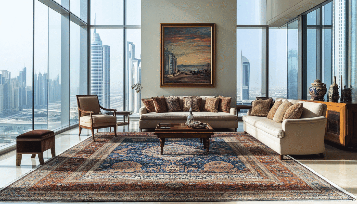 Living room with traditional carpet, cream sofa, and city views