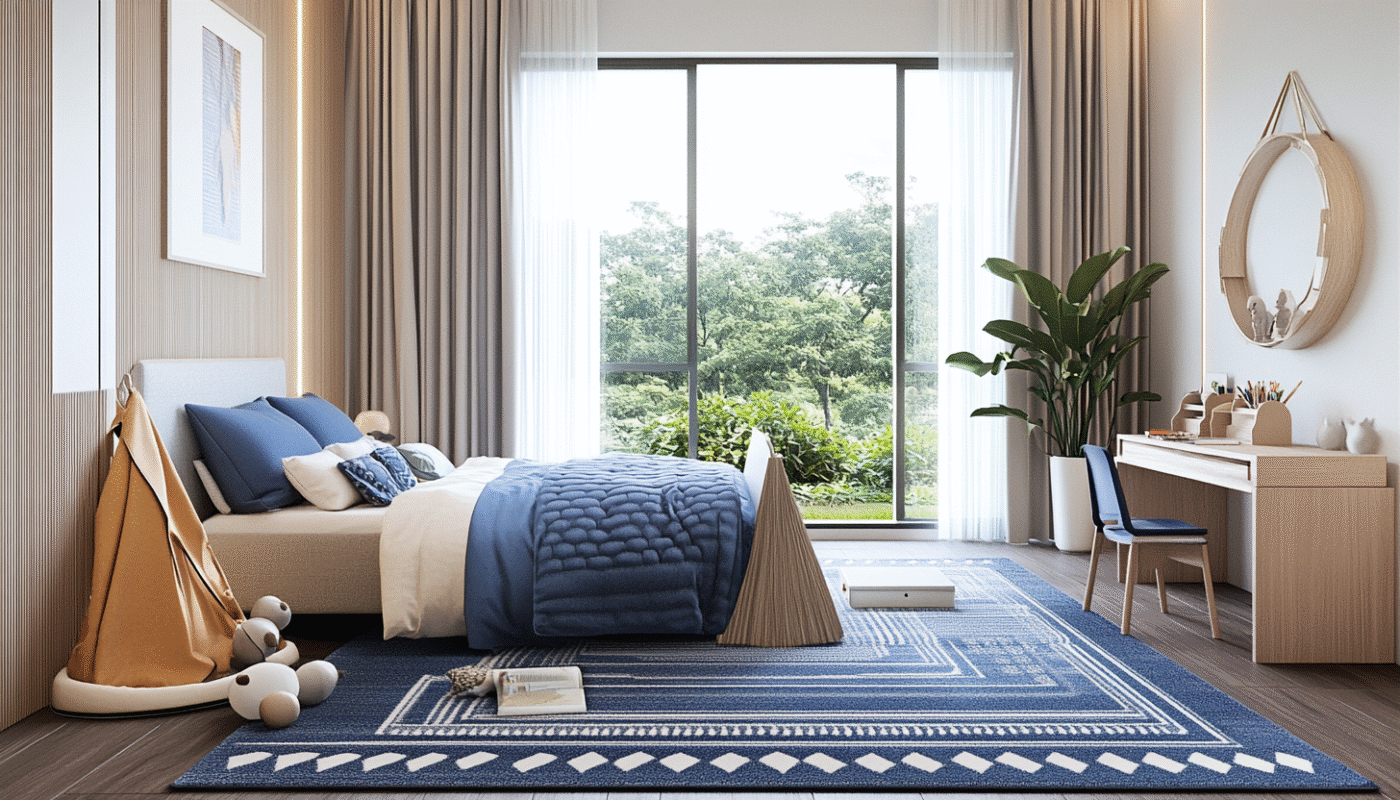 Large kids rug in a modern nursery room with blue tones