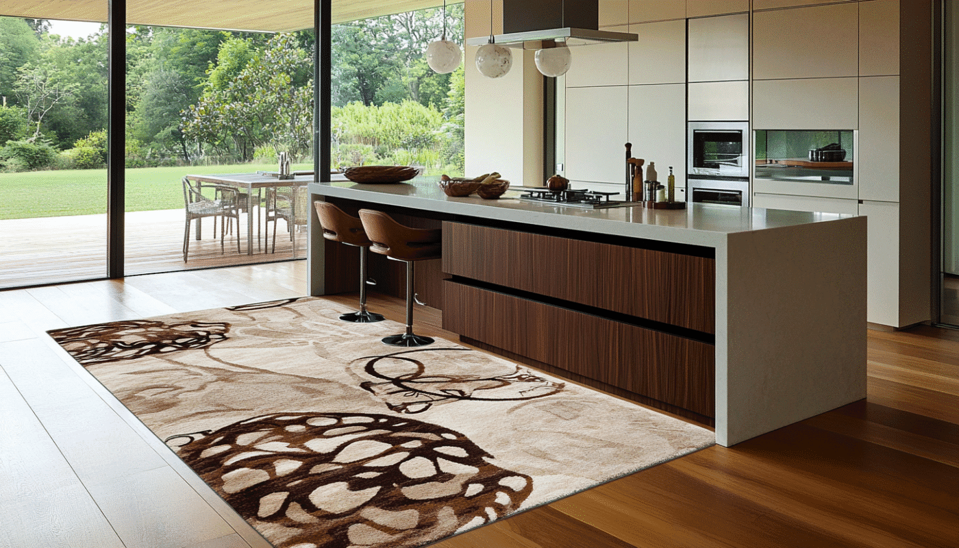 Modern kitchen with beige abstract patterned rug, wooden cabinetry, and sleek countertop.