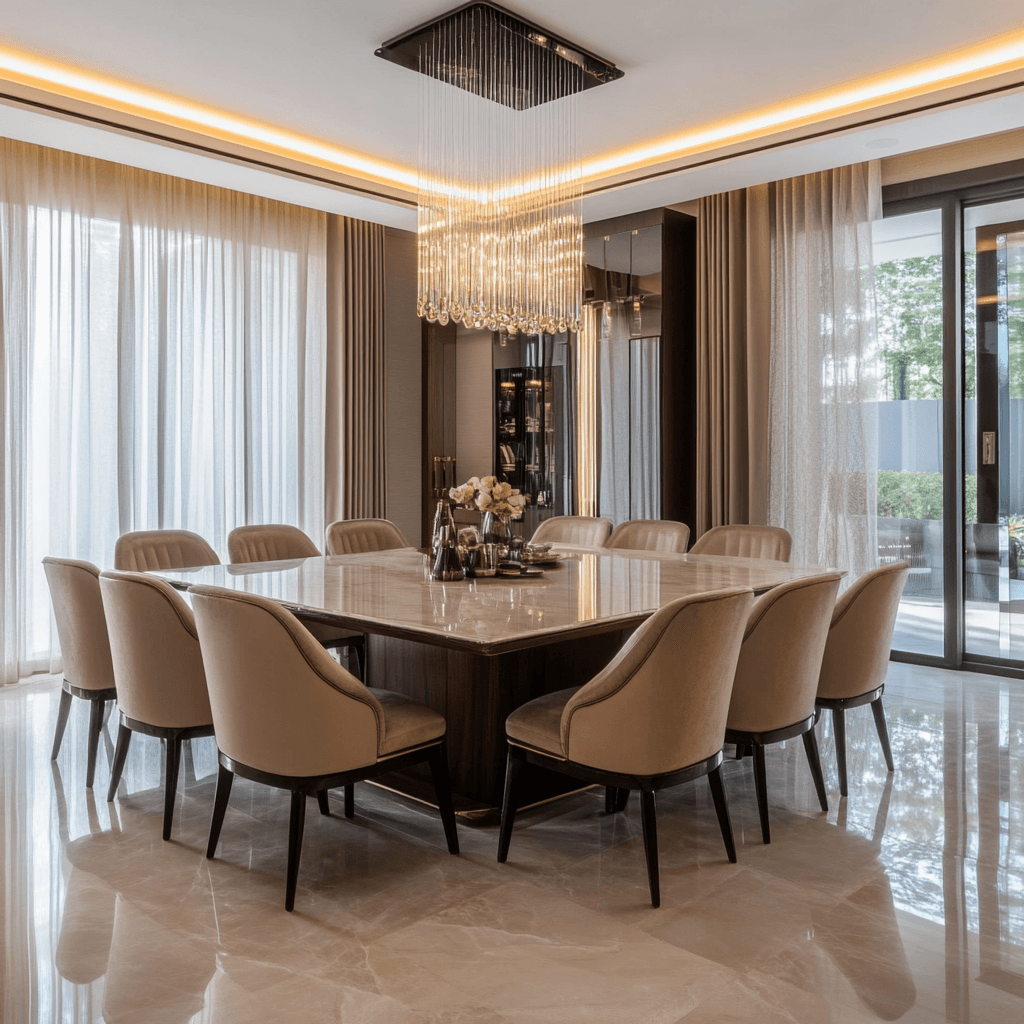 Modern dining room with beige chairs, marble table, and crystal chandelier for a Lagos or Abuja luxury home.