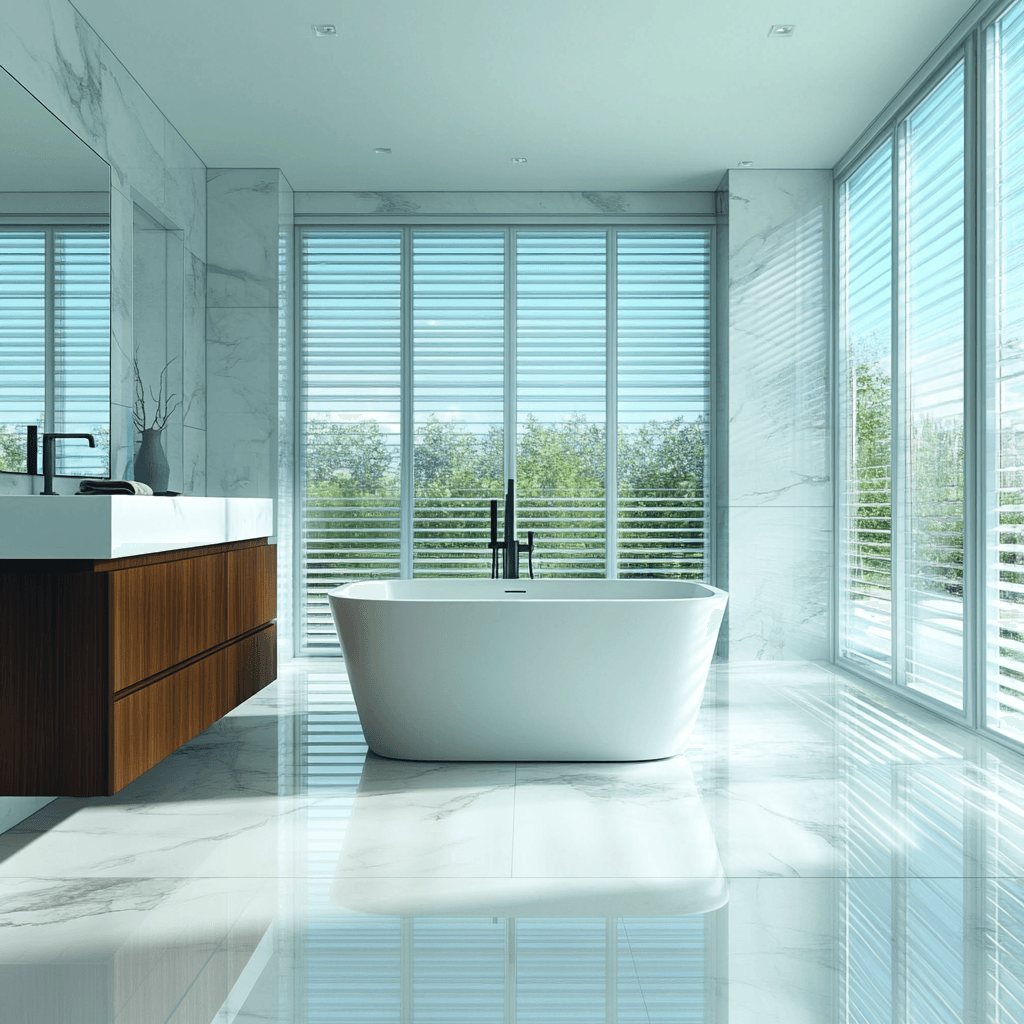 High end bathroom remodel with freestanding tub and marble floors for a Lagos or Abuja luxury home.