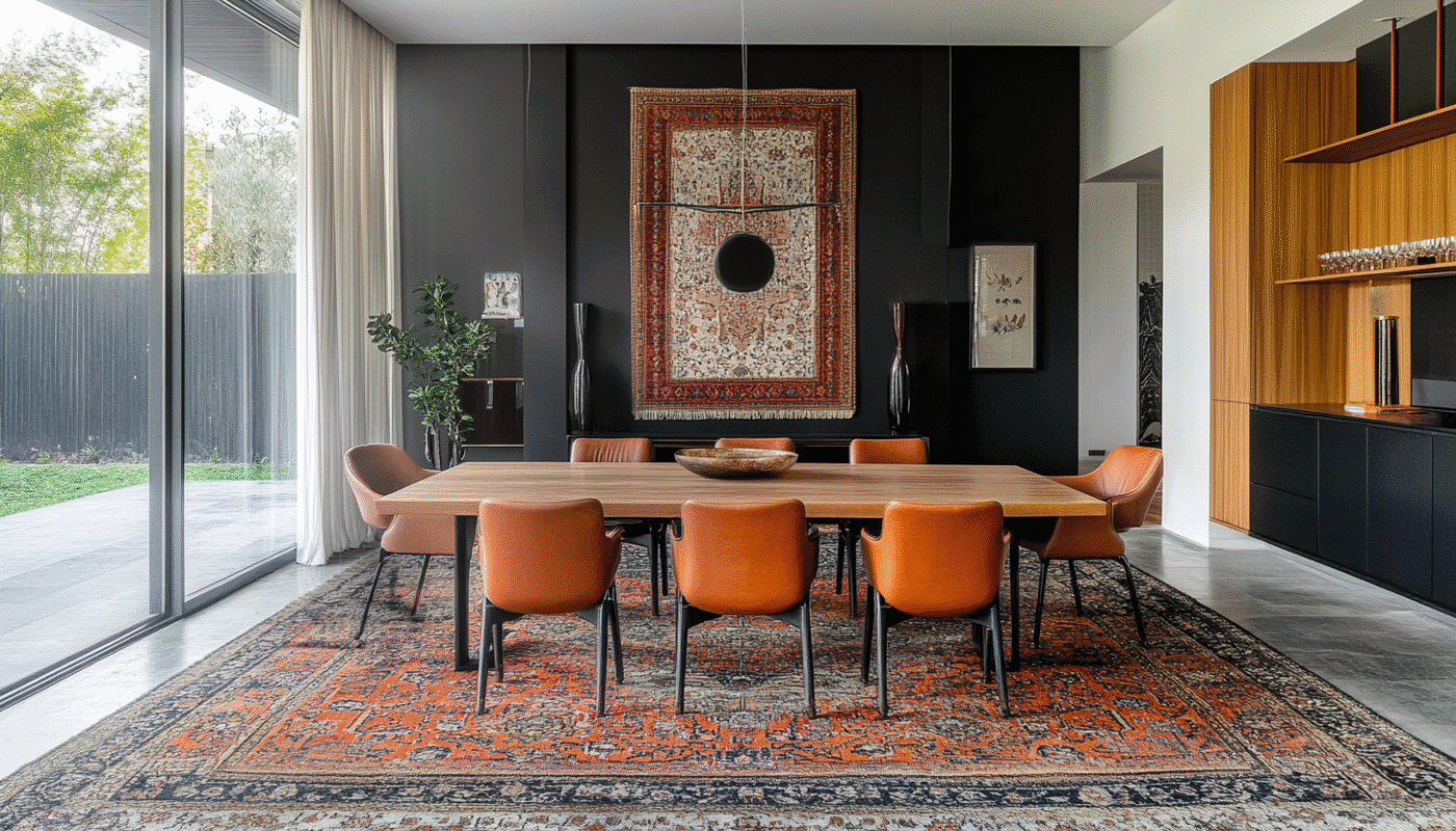 Dining room with a wooden table, leather chairs, and an orange Persian rug on the floor.