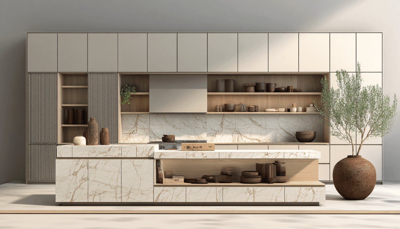 Modern modular kitchen design with white marble countertops and wooden shelves