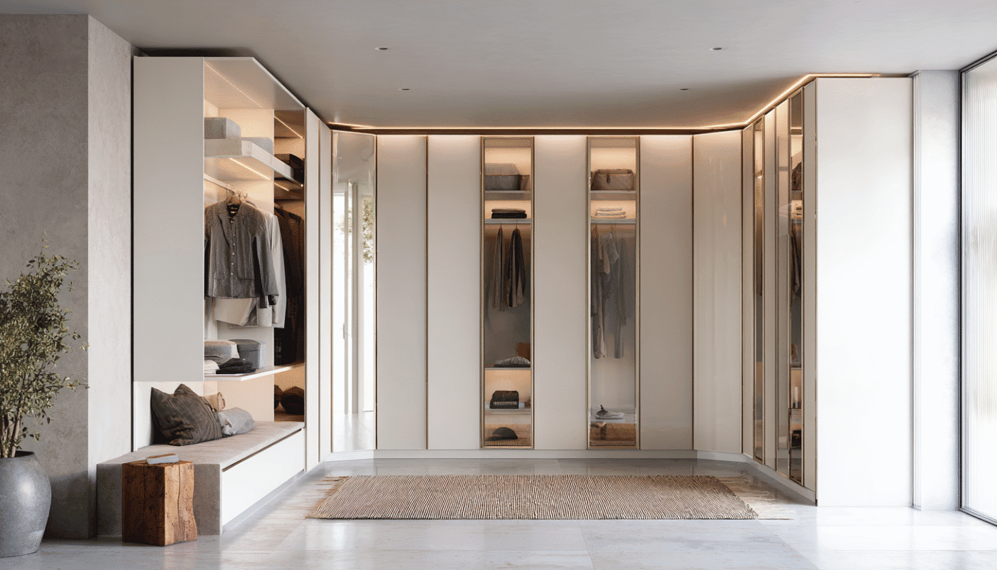 Corner fitted wardrobes in a contemporary bedroom layout.