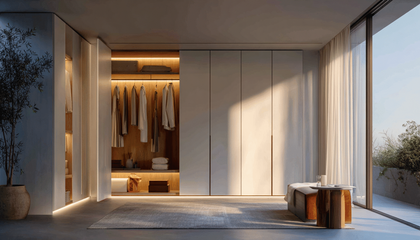 Modern white fitted wardrobes in a minimalist bedroom.
