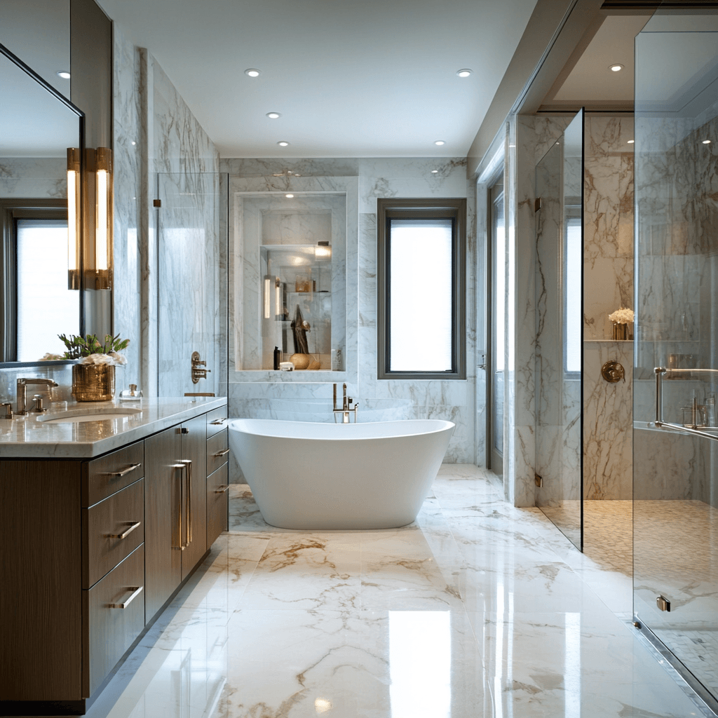 Luxury bathroom with freestanding bathtub, marble floors, and modern fixtures for a Lagos or Abuja luxury home.