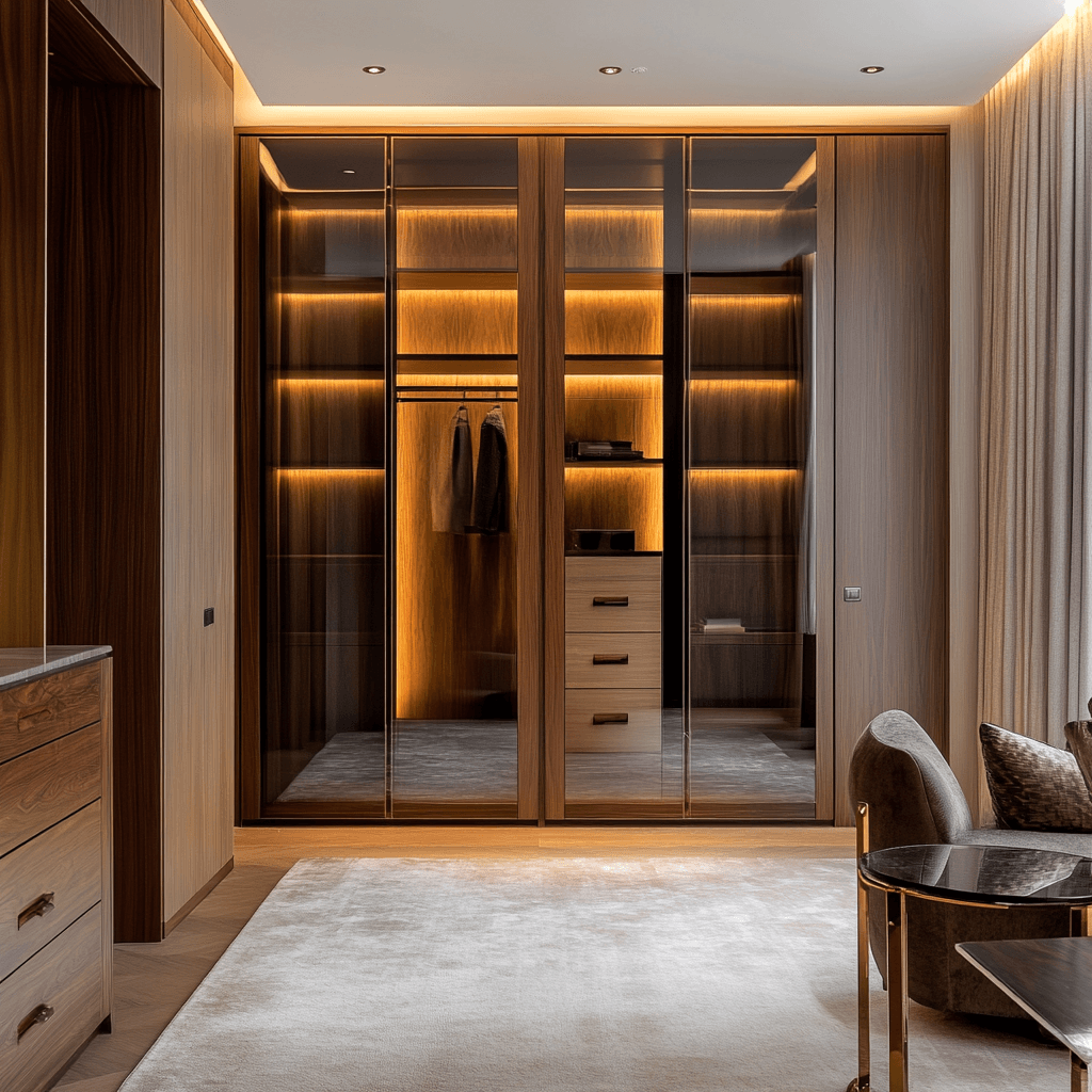 High end wardrobe with glass doors, wooden shelves, and ambient lighting for a Lagos or Abuja luxury home.