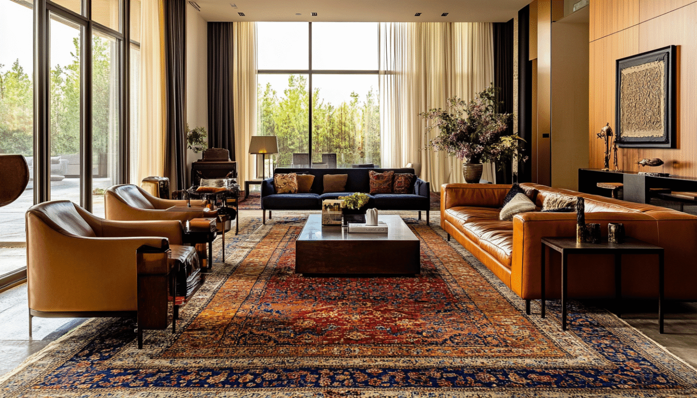 Modern Persian rug with red and blue hues in bright living room with dark wood furniture.