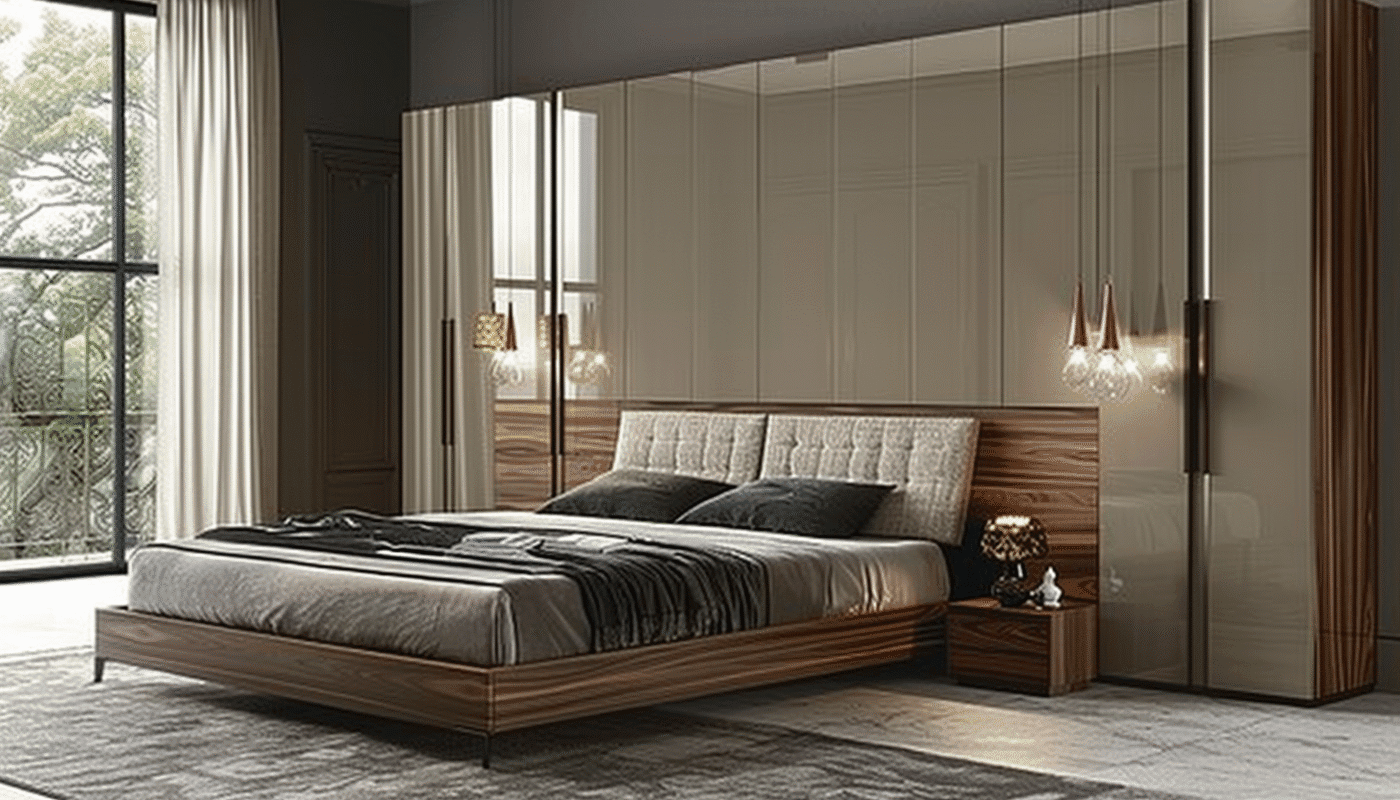 Modern bedroom with wardrobe, stylish bed frame, and elegant pendant lights.