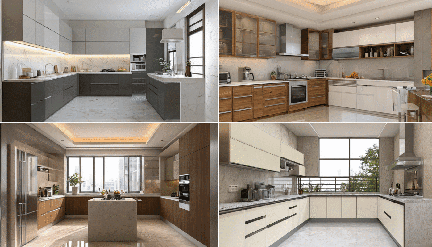 Various kitchen layouts featuring modular and open kitchen designs.