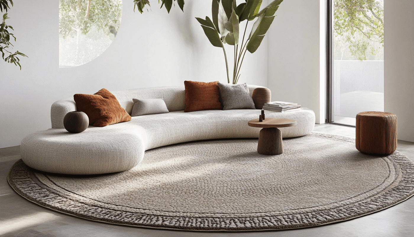 Round beige rug beneath a curved cream sofa with orange and grey cushions in a modern setting.