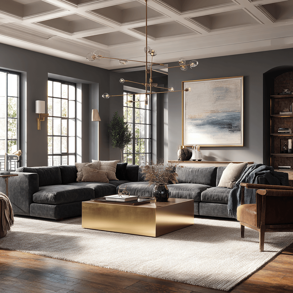 Modern living room with large grey sectional sofa, gold coffee table, and abstract artwork for a Lagos or Abuja luxury home.