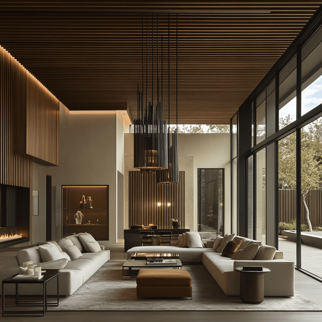 Modern living room with wooden slat ceiling, large windows, and neutral corner sofas for a Lagos or Abuja luxury home.