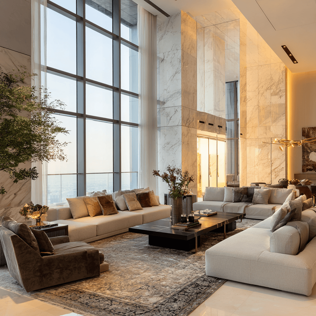 Luxury living room with beige sofas, marble walls, and large windows for a Lagos or Abuja luxury home.