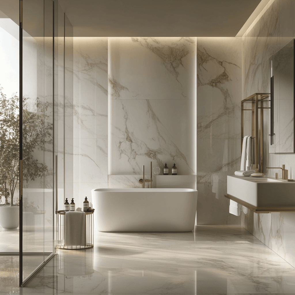 Luxury bathroom with marble walls and gold accents for a Lagos or Abuja luxury home.