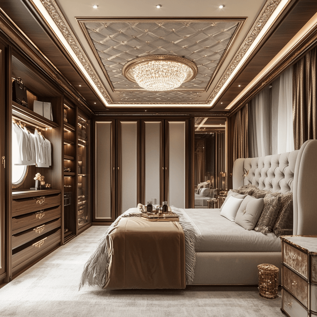 Luxurious bedroom with wooden wardrobes and a tufted headboard for a Lagos or Abuja luxury home.
