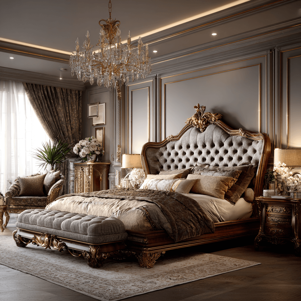 Luxurious bedroom with velvet bed, golden accents, and crystal chandelier for a Lagos or Abuja luxury home.