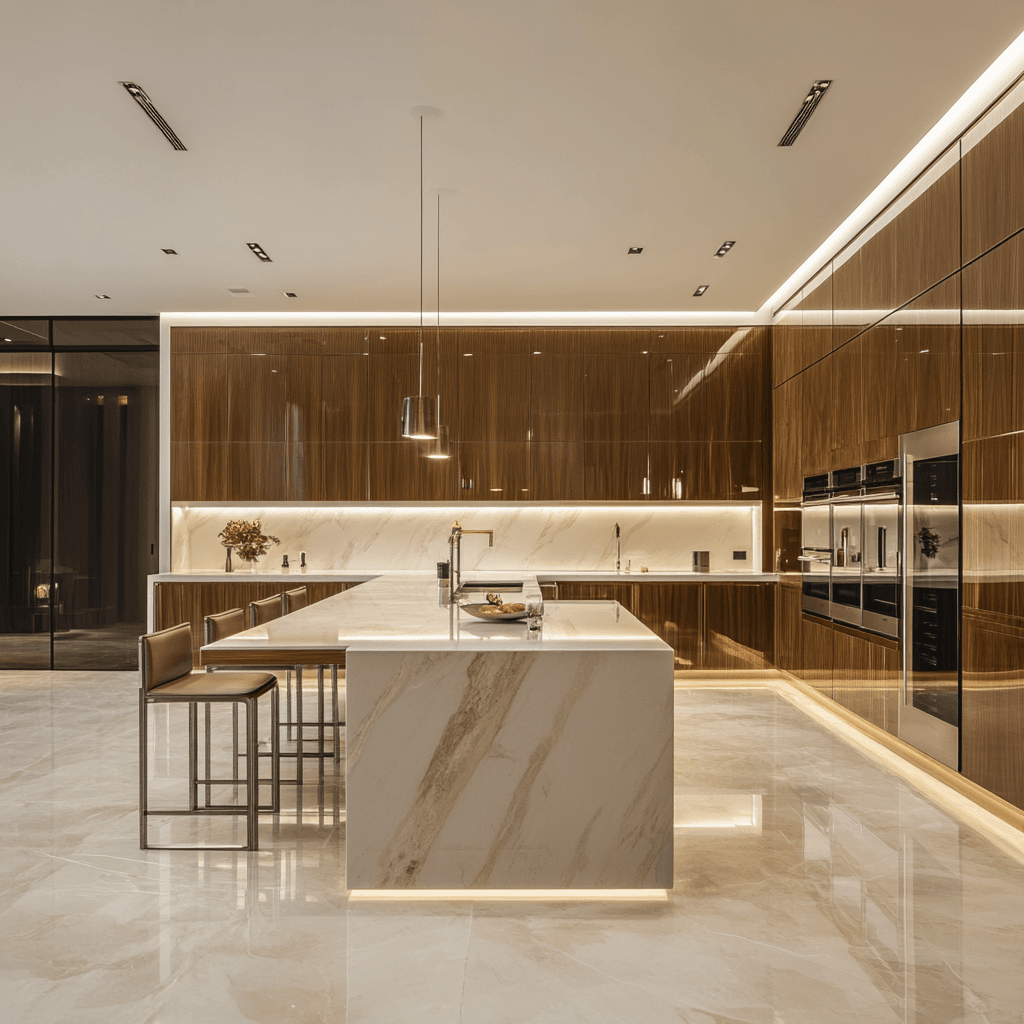 Modern kitchen with wooden cabinets, marble island, and integrated appliances for a Lagos or Abuja luxury home.