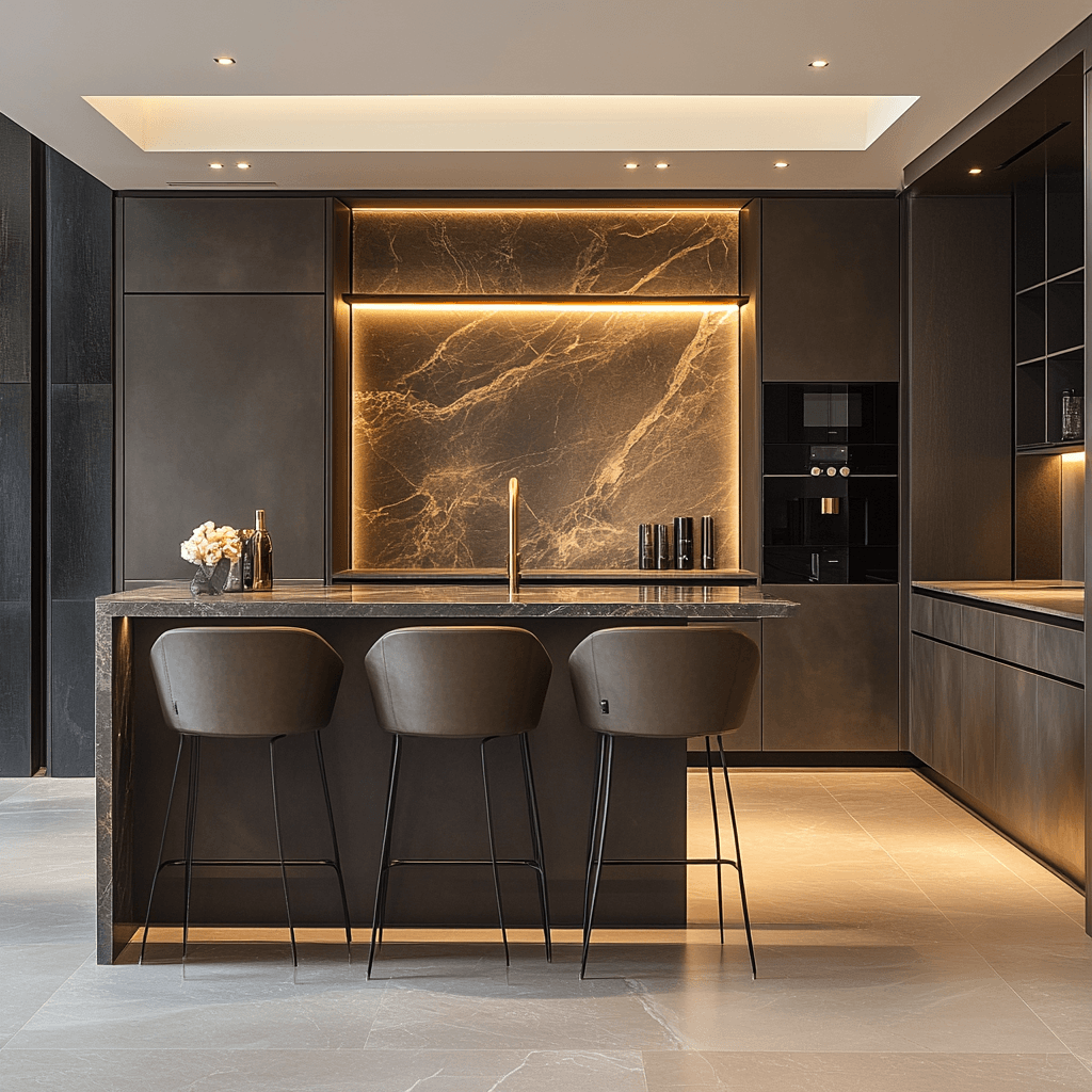 Dark luxury basement kitchen with marble backsplash, gold tap, and three leather bar stools for a Lagos or Abuja luxury home.