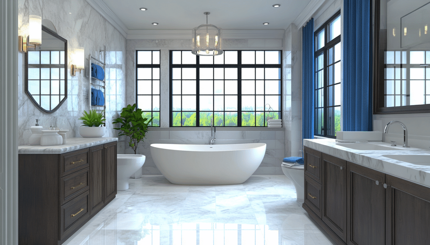 Luxury bathroom renovation in Dubai with marble floors and a freestanding bathtub.