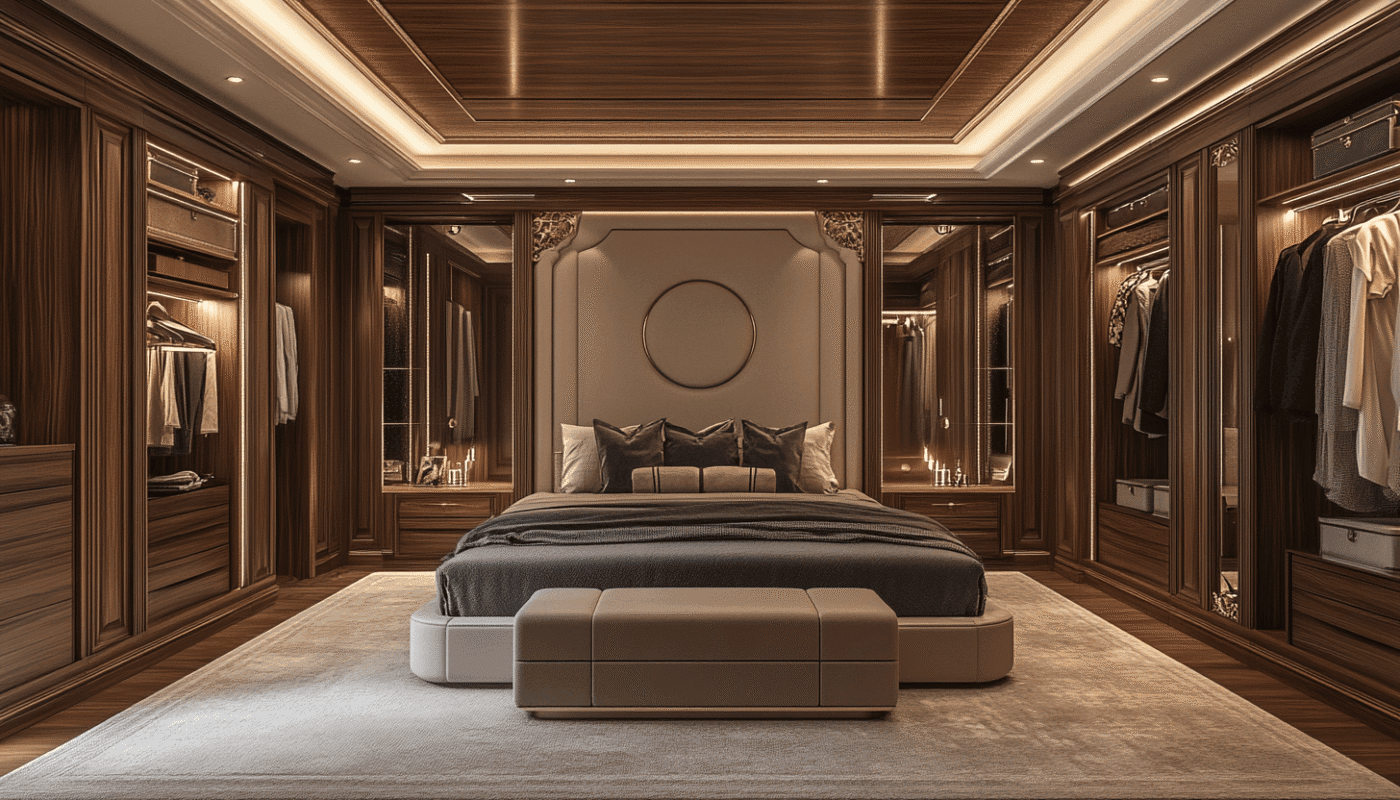 Luxury bedroom with bespoke joinery and custom wardrobe designs