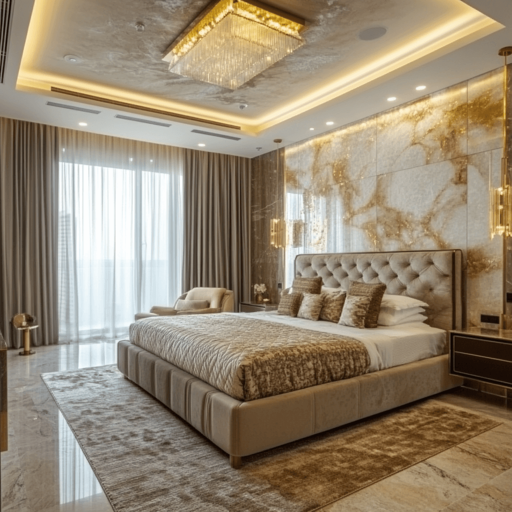 Luxury bedroom with soft beige tones, marble feature wall, and ambient lighting for a Lagos or Abuja luxury home.