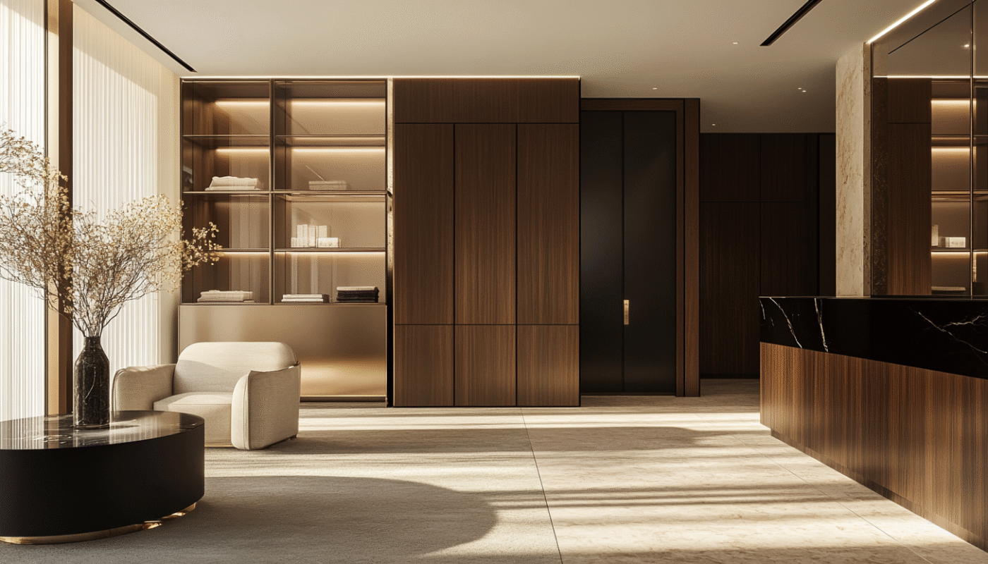 Luxury joinery with bespoke wooden wardrobes and elegant lounge area.
