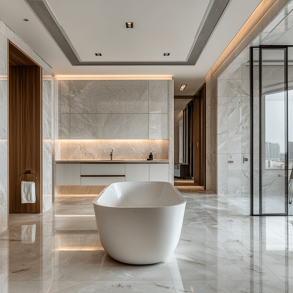 Luxury bathroom with freestanding bathtub, marble flooring, and sleek cabinetry for a Lagos or Abuja luxury home.